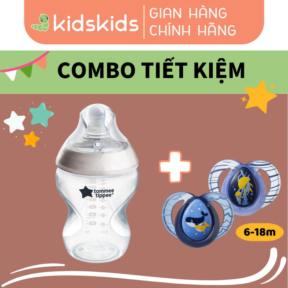 COMBO Ty Ngậm Dạ Quang Cho Bé Tommee Tippee Night Time 6-18 Tháng & Bình Sữa Ty Siêu Mềm Tự Nhiên Tommee Tippee 260ml