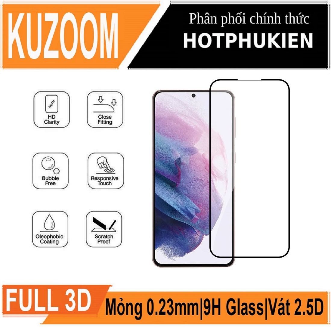 Miếng dán kính cường lực 3D cho Samsung Galaxy S21 / Galaxy S21 Ultra / Galaxy S21 Plus / Galaxy S21+ hiệu Kuzoom Protective Glass - mỏng 0.3mm, vát cạnh 2.5D, độ cứng 9H, viền cứng mỏng - Hàng nhập khẩu