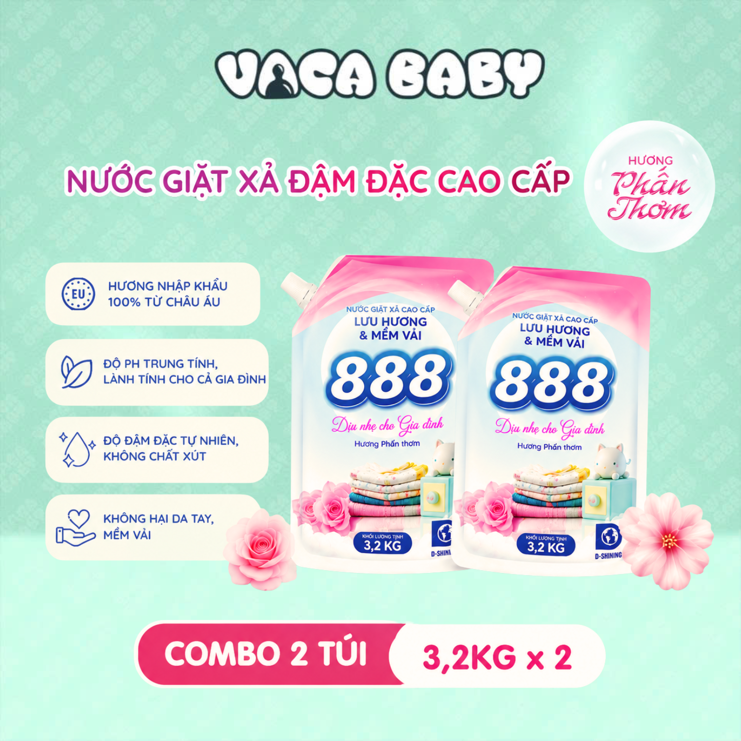Combo 2 Túi Nước Giặt Xả 888 Hương Phấn Thơm Cao Cấp 3.2kg/túi