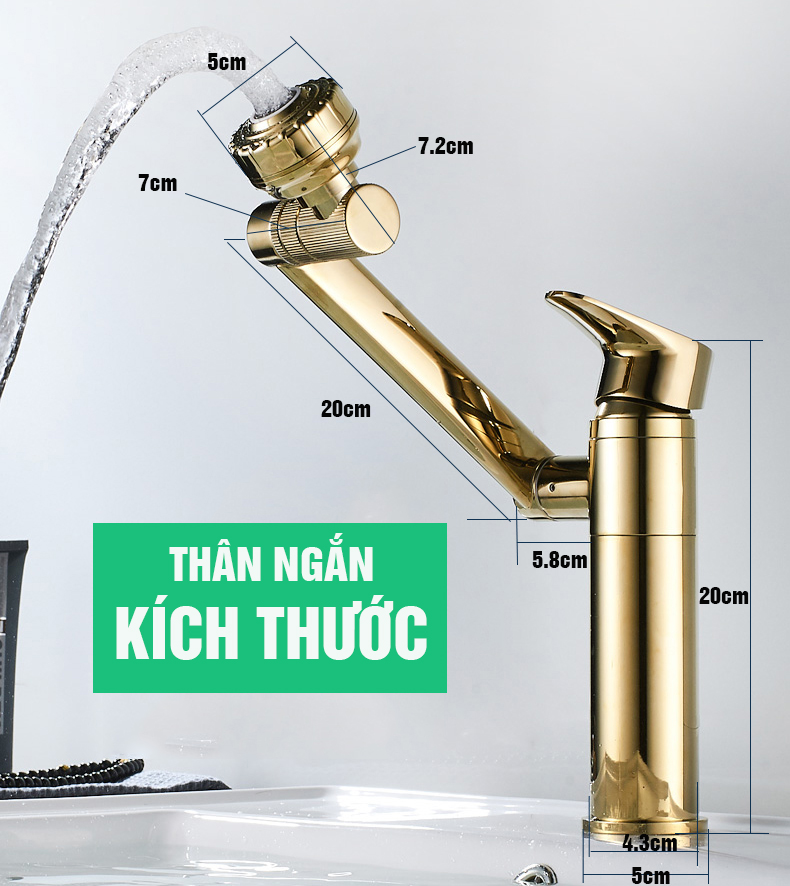 Vòi rửa mặt Lavabo cổ xoay 720 độ đa chiều, củ đồng, thân ngắn mạ vàng, điều chỉnh nhiều chế độ tia nước Minh House