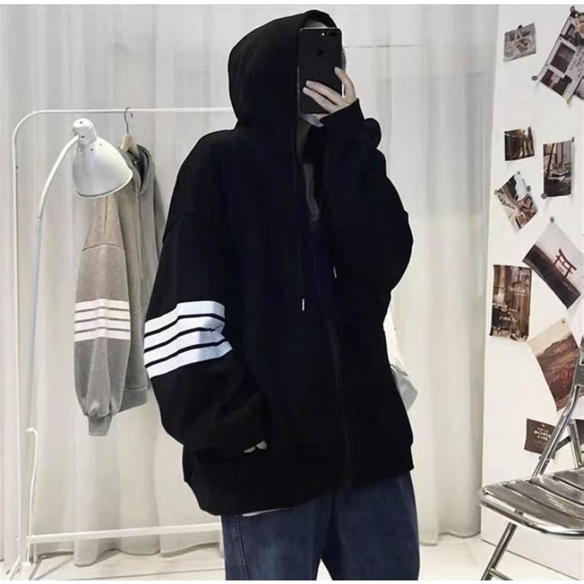 Áo Khoác Hoodie Unisex THOM 4 Sọc Kiểu Zip Kéo Phối Nón Rộng Vải Nỉ Xịn Phong Cách Ulzzang Hàn Quốc Hot Trend Mới