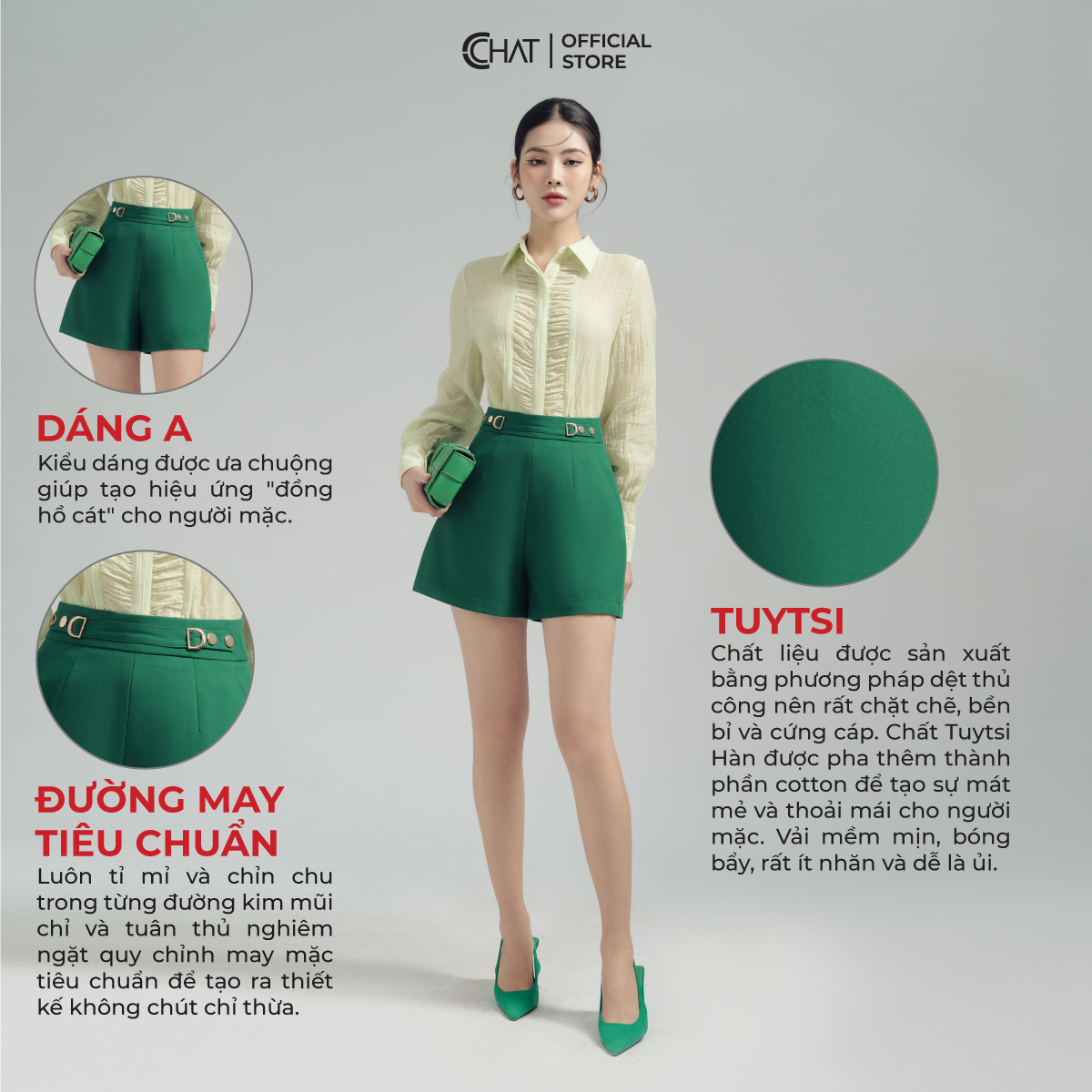 Quần Đùi Nữ  Kiểu Cạp 4 Khuy Dập Dáng A Chất Tuytsi Mềm Mịn 13ONS2014AT