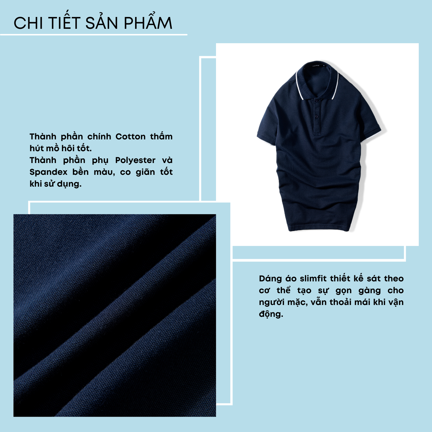 Áo polo nam ADINO màu xanh đen phối viền vải cotton co giãn dáng slimfit trẻ trung AP75