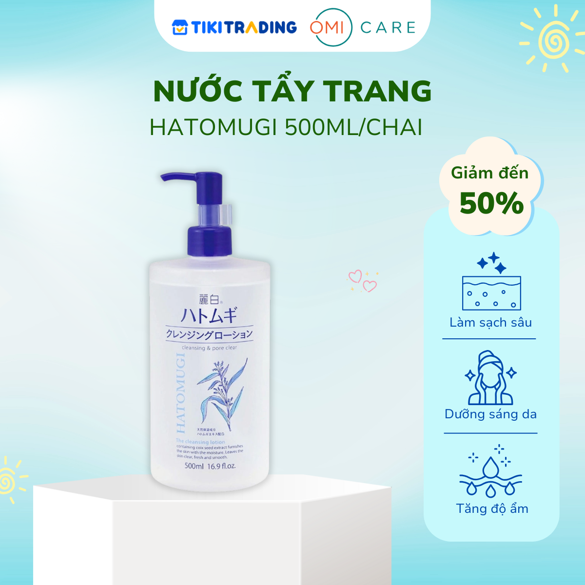 Nước tẩy trang dưỡng ẩm và làm sáng da hatomugi 500ml/chai