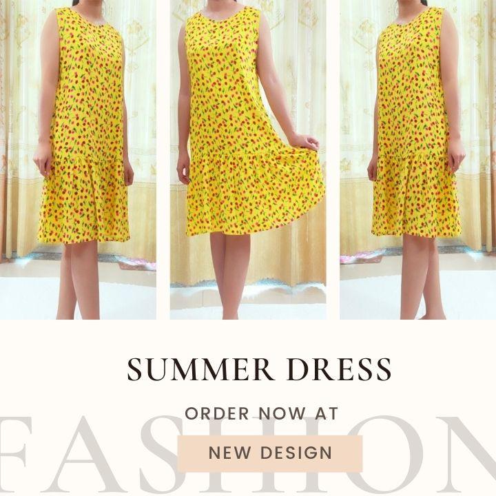 Váy ngủ Đầm nữ mặc nhà Váy dáng xòe chất vải lanh tole thoáng mát họa tiết hình hoa dễ thương New Design DA0001
