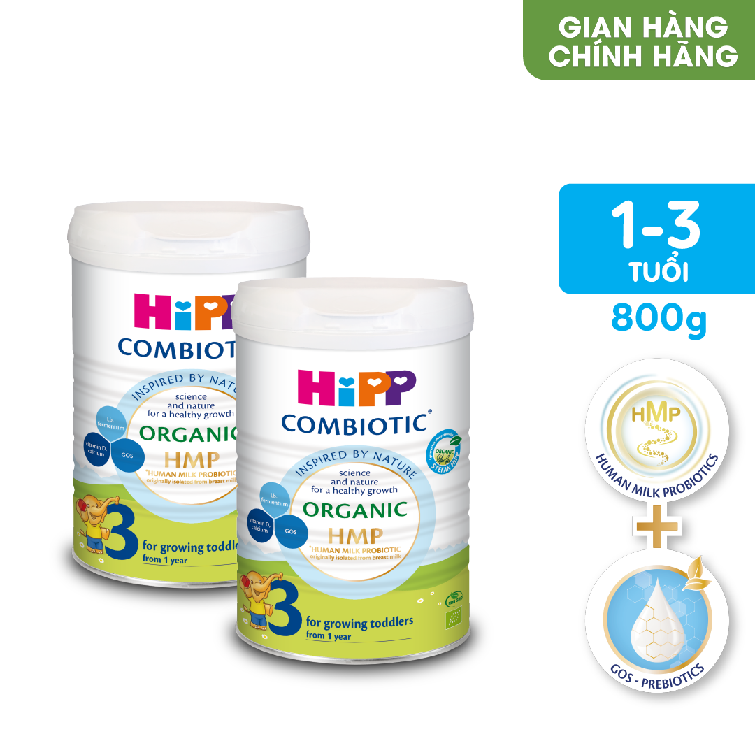 Combo 2 lon sữa bột dinh dưỡng công thức HiPP 3 Organic Combiotic chất lượng hữu cơ, tăng cường sức khoẻ hệ miễn dịch, bổ sung Canxi và vitamin D dành cho trẻ trên 12 tháng tuổi (2 lon x 800g)