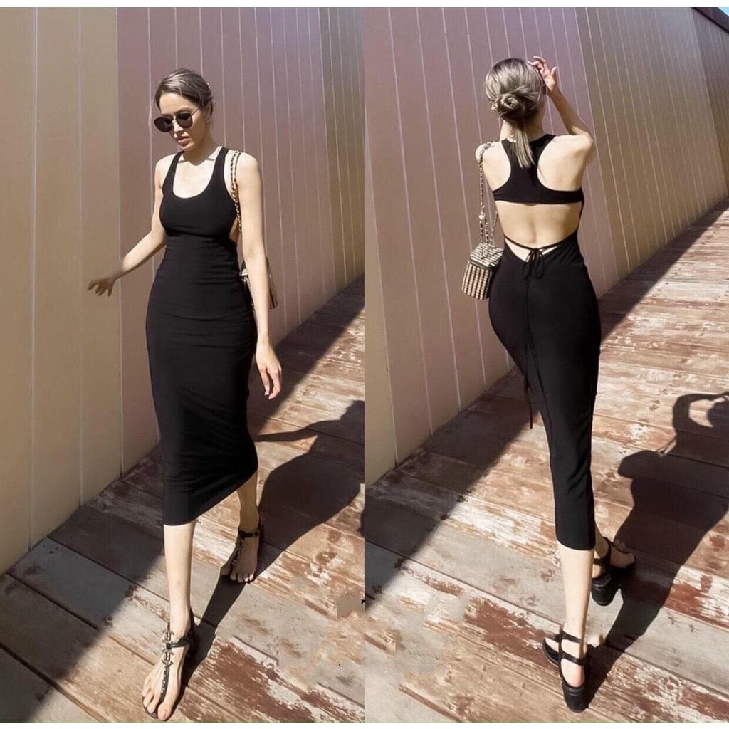 Đầm ba lỗ body dáng dài PINKSTORE29, cutout lưng cột dây ôm sát tôn dáng D071