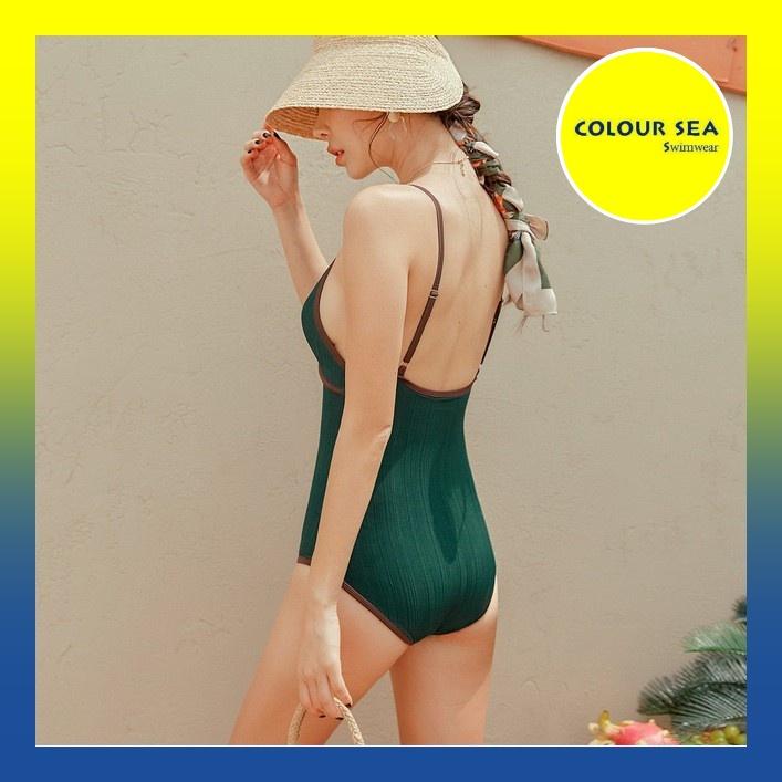 Bikini 1 mảnh xanh lá viền nâu thời trang che khuyết điểm