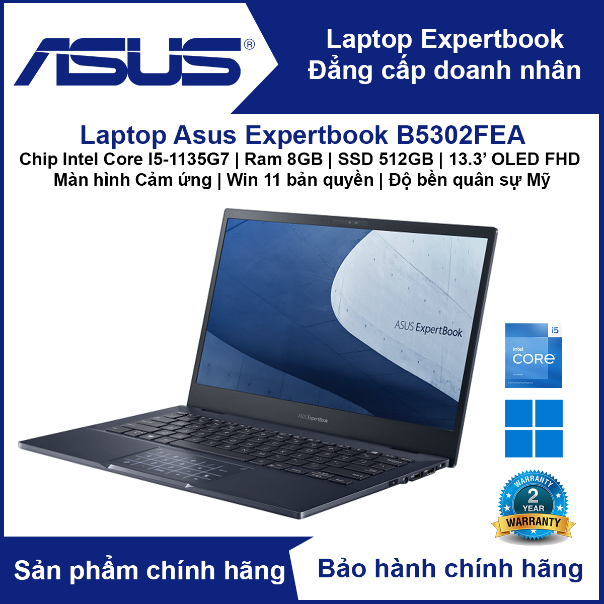 Laptop Asus ExpertBook B5 Flip OLED B5302 (Intel Core I5-1135G7 | Ram 8GB | SSD 512GB | 13.3 inch Full HD OLED | màn hình Cảm ứng | Win 11 bản quyền) B5302FEA - Laptop độ bền quân sự Mỹ - Hàng chính hãng