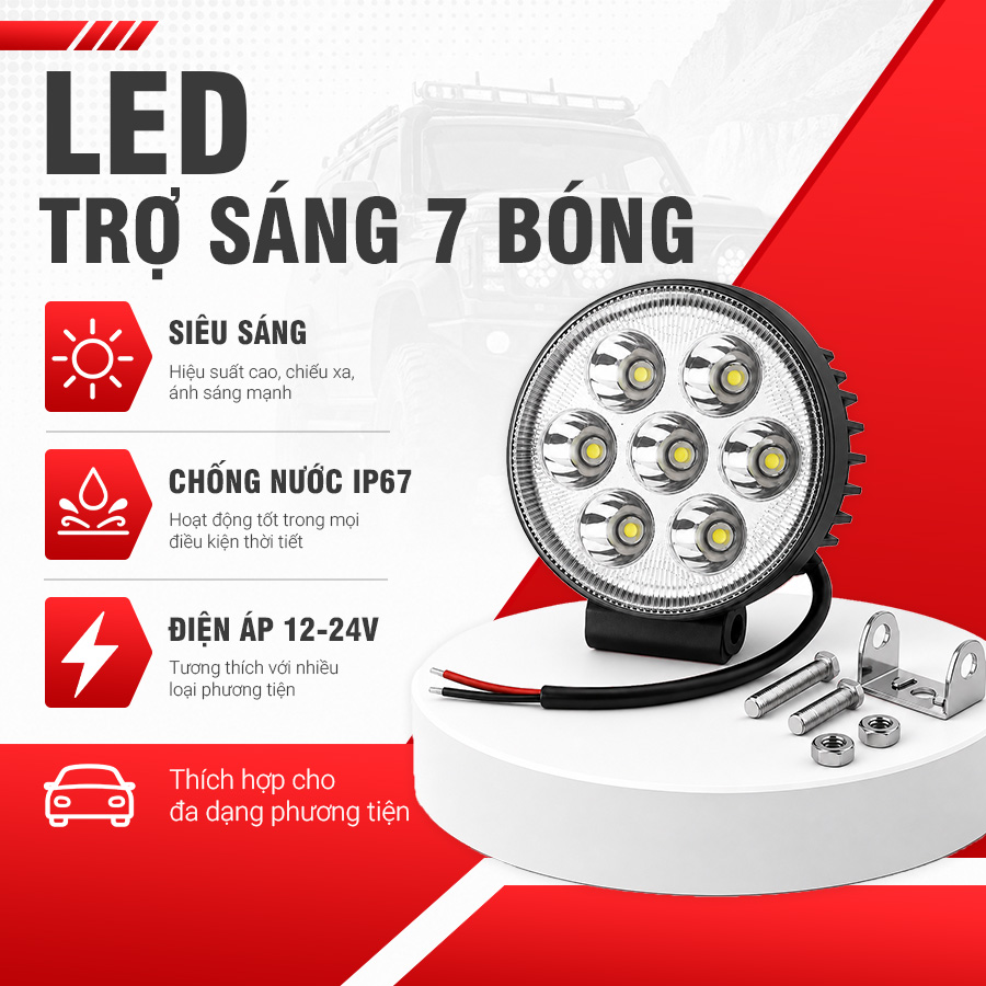 Đèn LED Trợ Sáng Tròn Viair 7 Bóng Trắng 12-30V