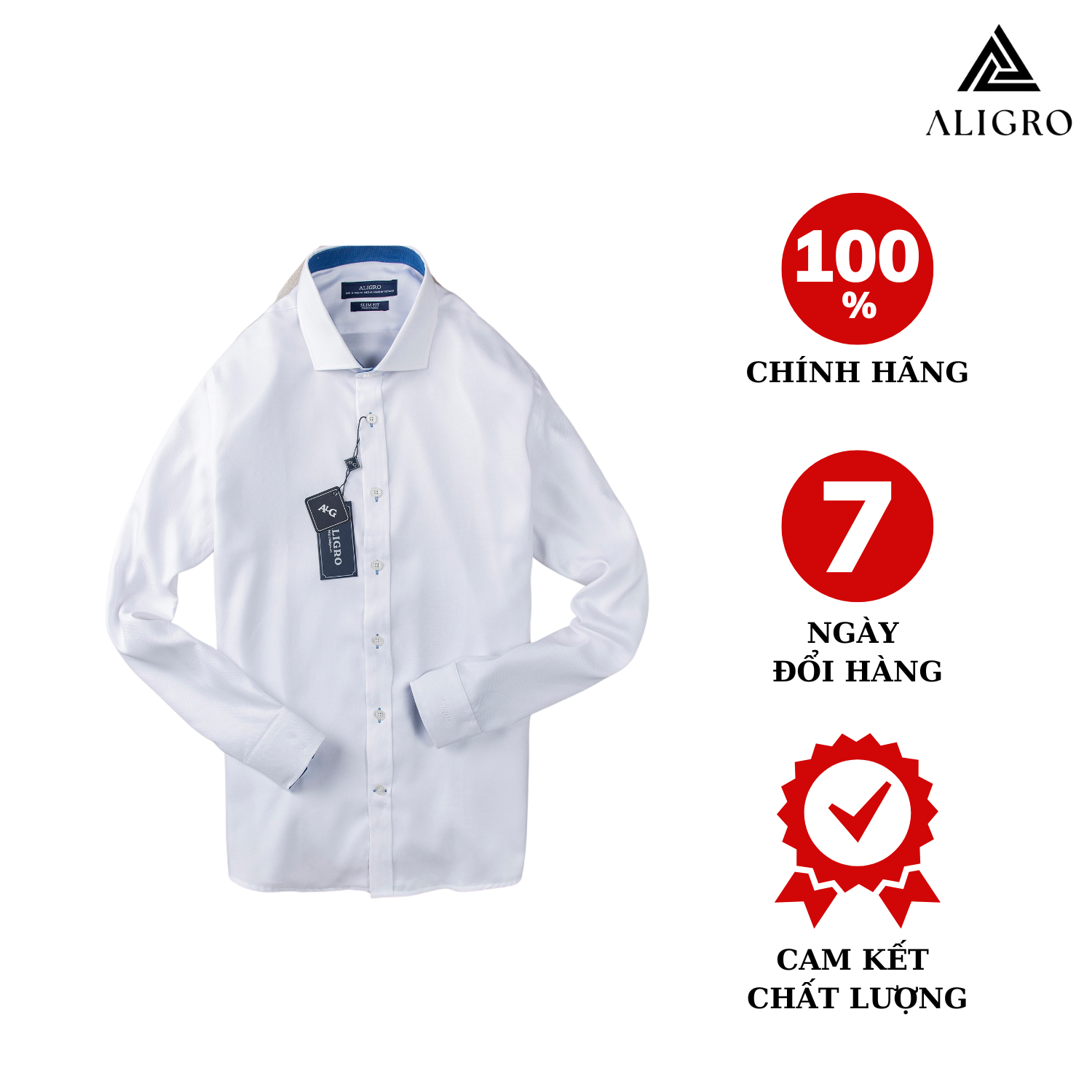 Áo sơ mi nam dài tay ALIGRO chất cotton trắng phối cổ, cổ bẻ dáng ôm body ALGS195