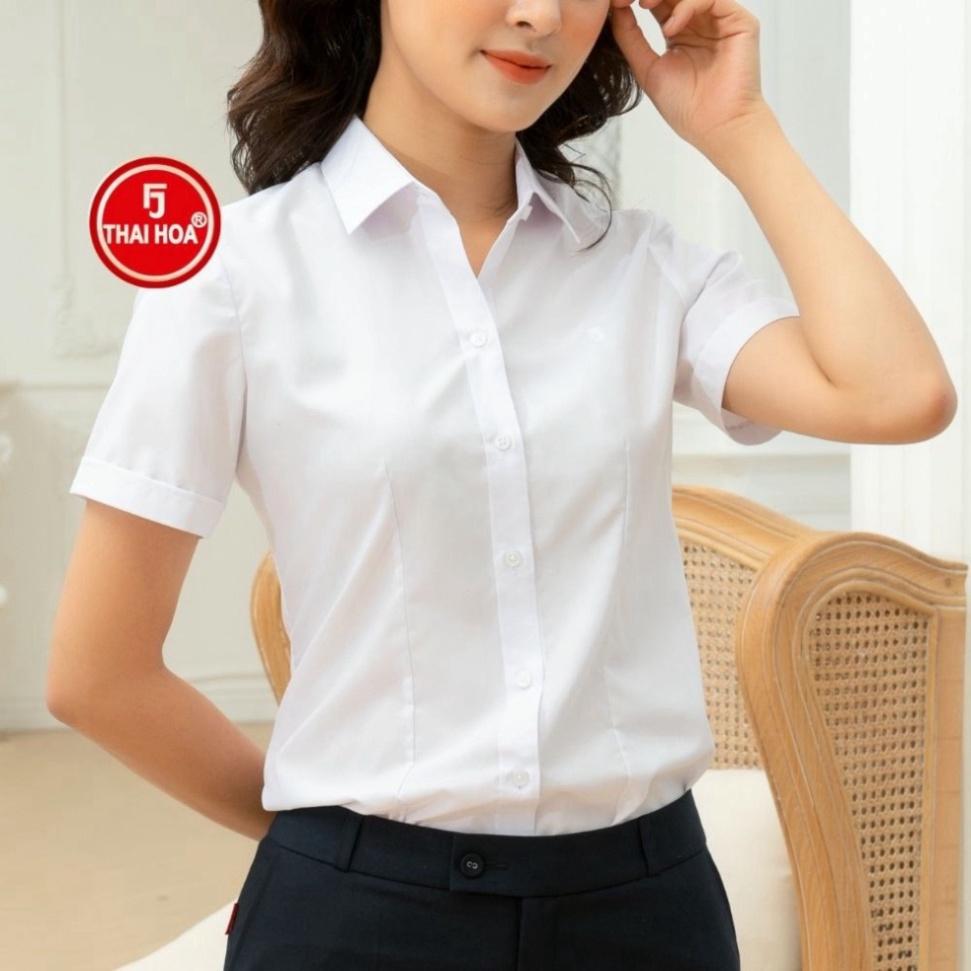 Áo sơ mi nữ Thái Hòa ngắn tay vải cotton trắng đen vàng xanh N047-01-01