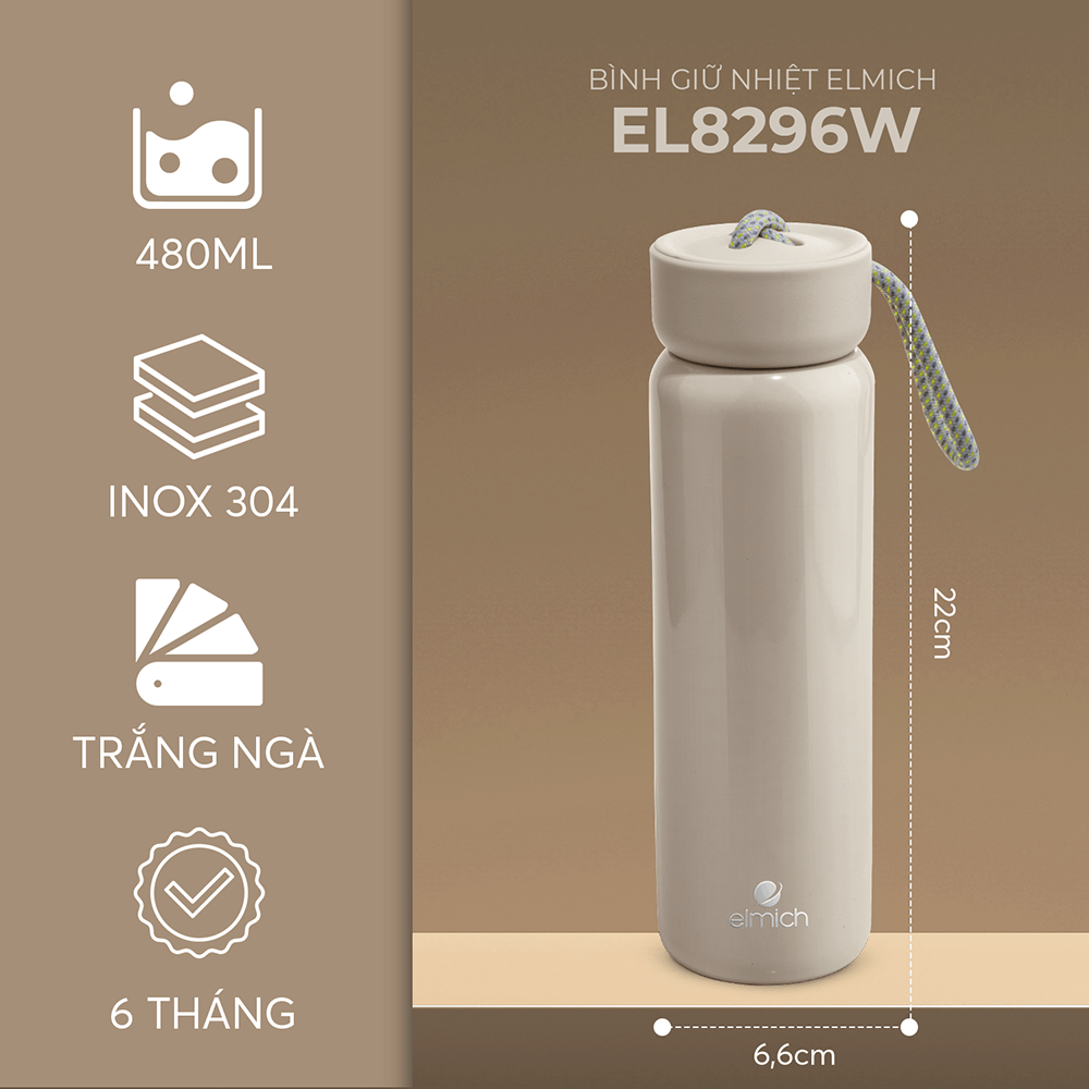 Bình giữ nhiệt Inox 304 Elmich EL8296 Dung tích 480ml, Hàng chính hãng, Có lưới lọc trà, Giữ nhiệt lâu 8H-10H - JoyMall