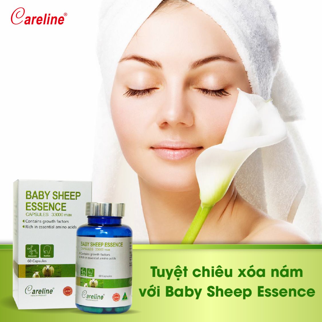 Viên uống nhau thai cừu Careline Baby Sheep Essence 33000mg giúp đẹp da và tăng cường nội tiết tố nữ