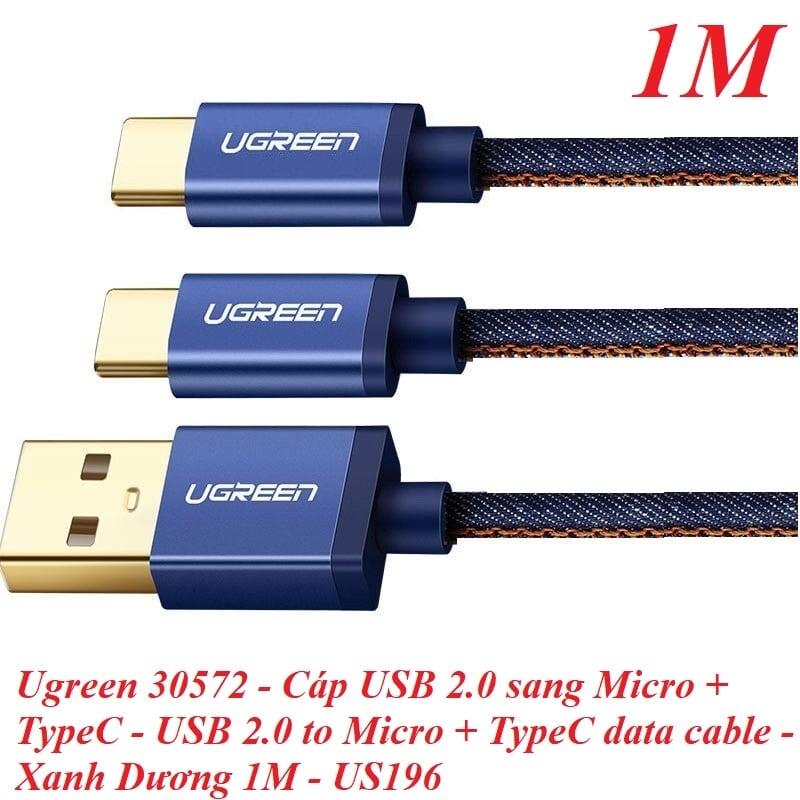 Ugreen UG30572US196TK 1M màu xanh Dây USB 2.0 sang micro USB + Type-C - HÀNG CHÍNH HÃNG