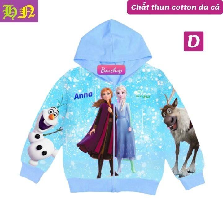 Áo khoác bé gái hình Elsa và Anna từ 9-40kg Áo khoác nữ - Thun da cá hút mồ hôi- Hình in 3D-Hương Nhiên