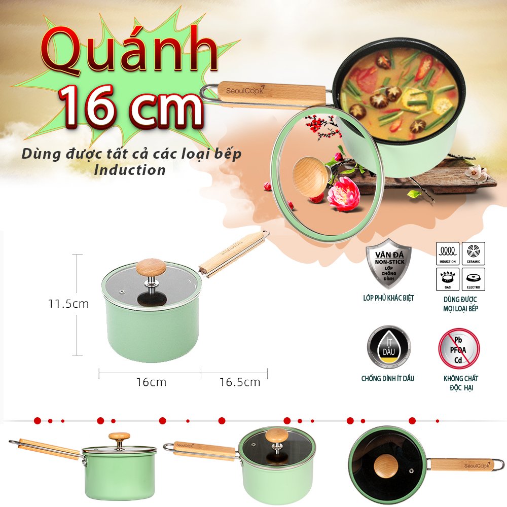 Nồi quánh 16cm đáy từ / Induction cao cấp Hàn Quốc Seoulcook Luxury, chống dính vân đá an toàn cho sức khỏe, dùng được tất cả các loại bếp – Hàng chính hãng