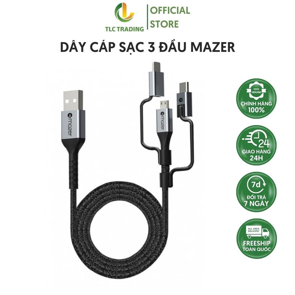 Dây Cáp Mazer Power Link II 3 in 1 USB Fast Charging Đầu nối tăng cường và cáp bện mang lại tuổi thọ sản phẩm mạnh mẽ và chắc chắn - hàng chính hãng