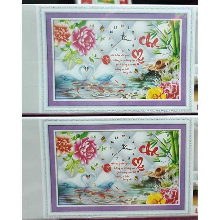 Tranh đá cha mẹ thiên nga đồng hồ hoa mẫu đơn LG1626 - kích thước: 75 * 50cm.