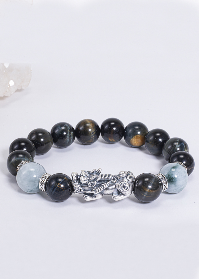 Vòng Tay Phong Thủy Nam Đá Mắt Hổ Xanh Đen Mix Đá Cẩm Thạch Phỉ Thúy Phối Charm Tỳ Hưu Bạc  Mệnh Thủy, Mộc Ngọc Quý Gemstones