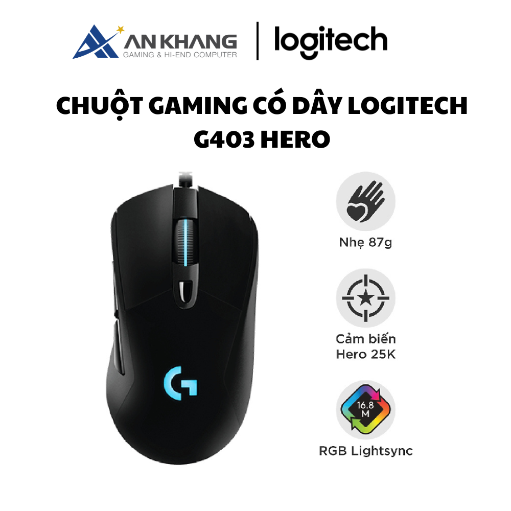Chuột gaming có dây RGB Logitech G403 Hero màu đen - cảm biến 25k, công thái học, nhẹ 87g, 6 nút lập trình - Hàng Chính Hãng