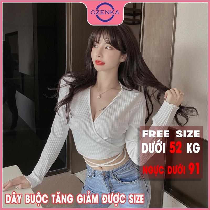 Áo croptop dệt kim tay dài buộc dây ôm body nữ OZENKA, crt cổ V len gân 100% cotton đen trắng size dưới 52 kg