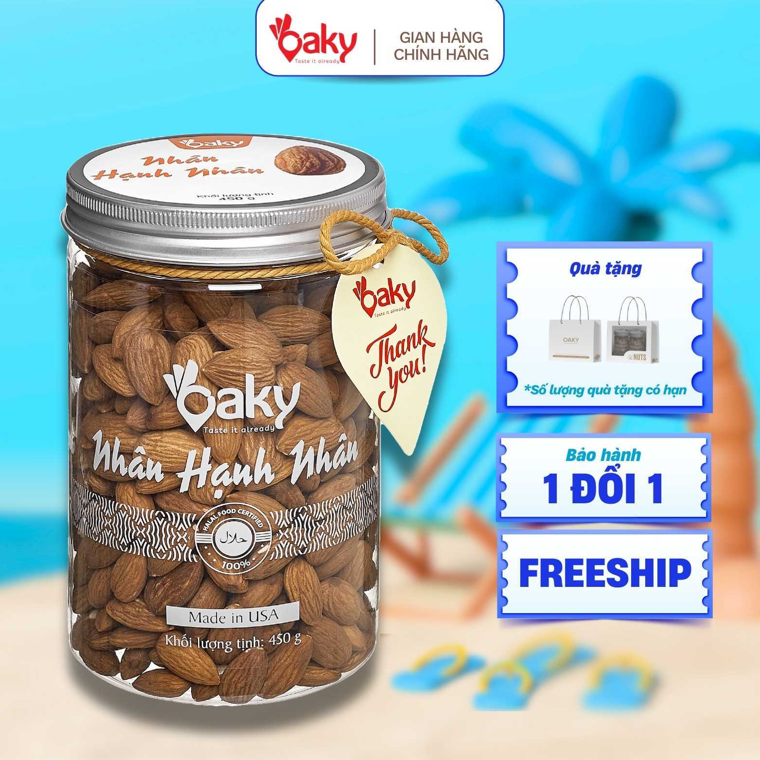 Hạt Hạnh Nhân Oaky 450g (Size Lớn) - Nhập Khẩu Mỹ, Ăn Vặt Healthy, Giàu Dinh Dưỡng Tự Nhiên