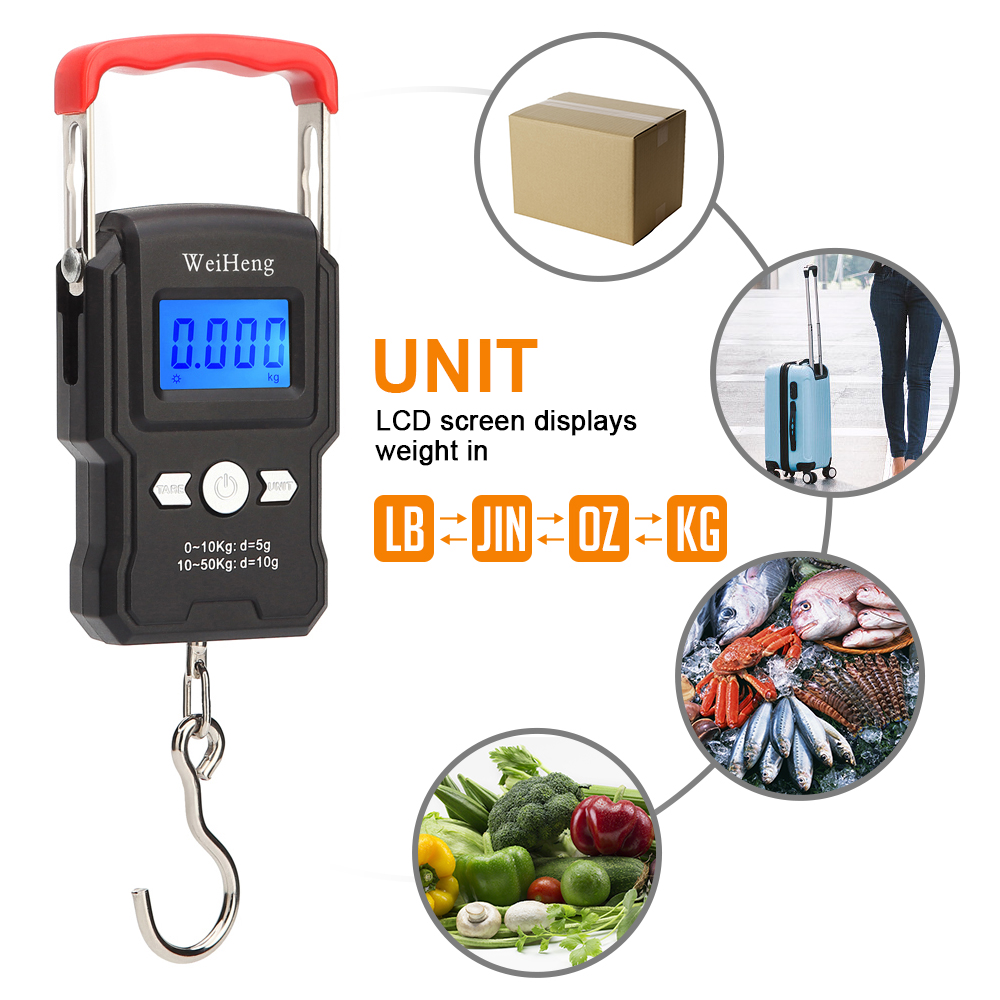 Cân Câu Cá Kỹ Thuật Số Điện Tử 110Lb / 50Kg Màn Hình Lcd Có Đèn Nền Có Móc Treo