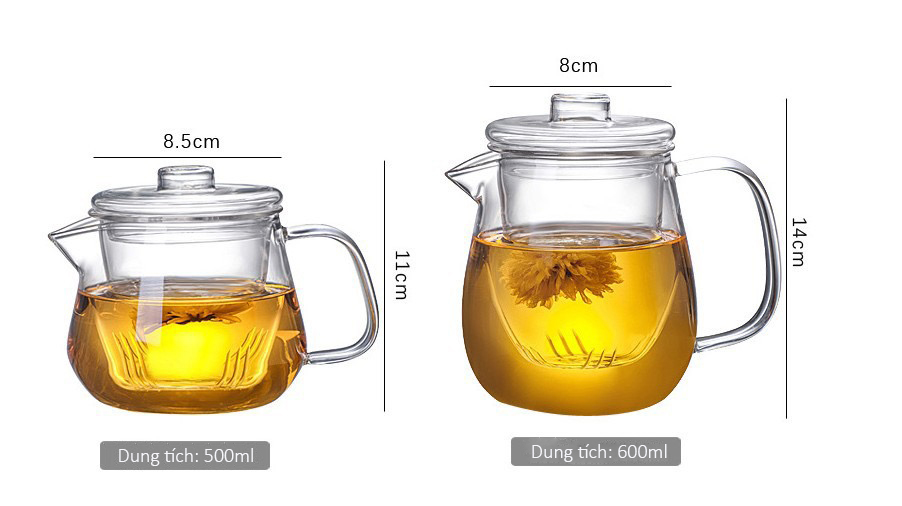 Bình trà kèm nắp lõi lọc thủy tinh 500ml và 600ml
