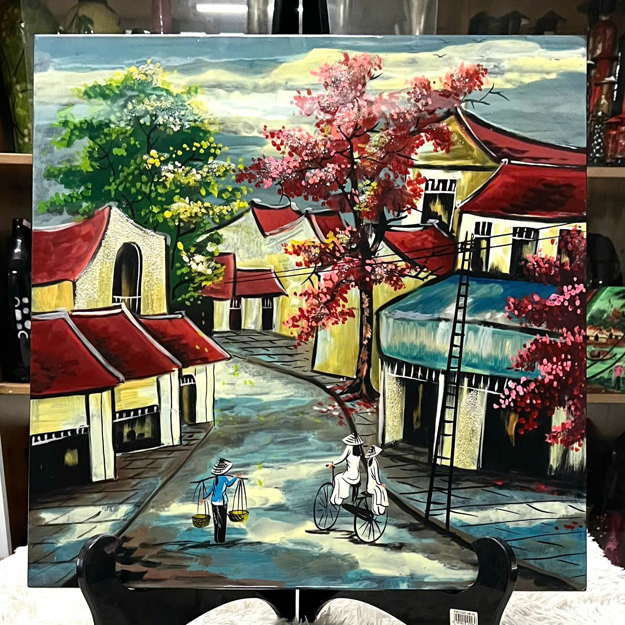Tranh sơn mài phố cổ vẽ màu cẩn trứng đẹp , hàng xuất khẩu 50x50 cm