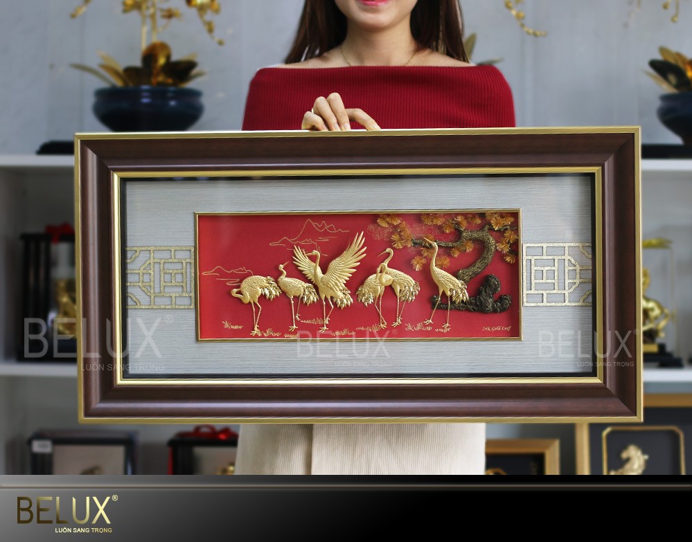 Tranh Tùng hạc diên niên dát vàng 24K kích thước to