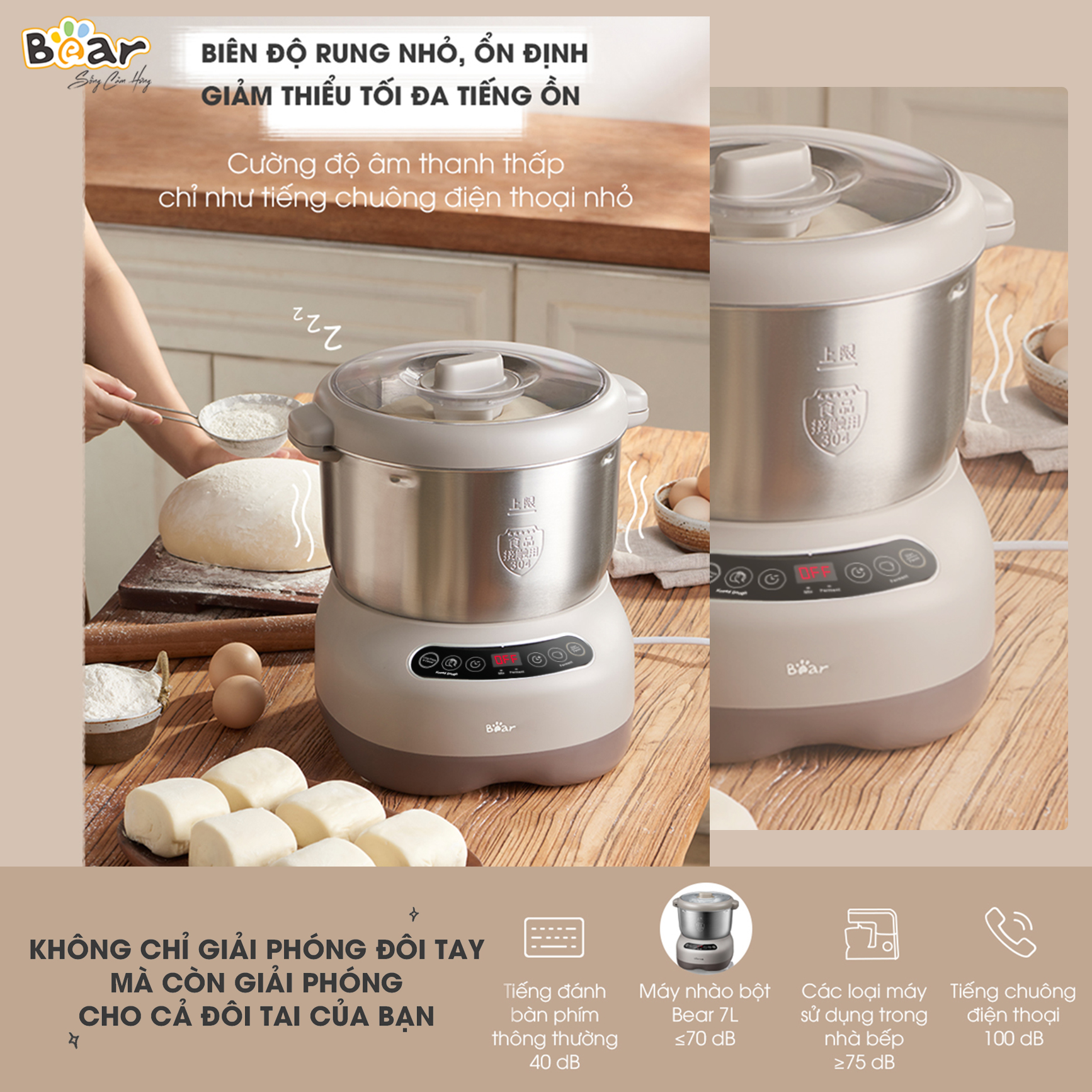 Máy Nhào Bột Bear 7L Đa Năng Ủ Bột, Trộn Bột, Nhồi Bột Nhanh Công Suất Lớn Bảo Hành Chính Hãng 18 Tháng - DM-B70V1 - Hàng Chính Hãng