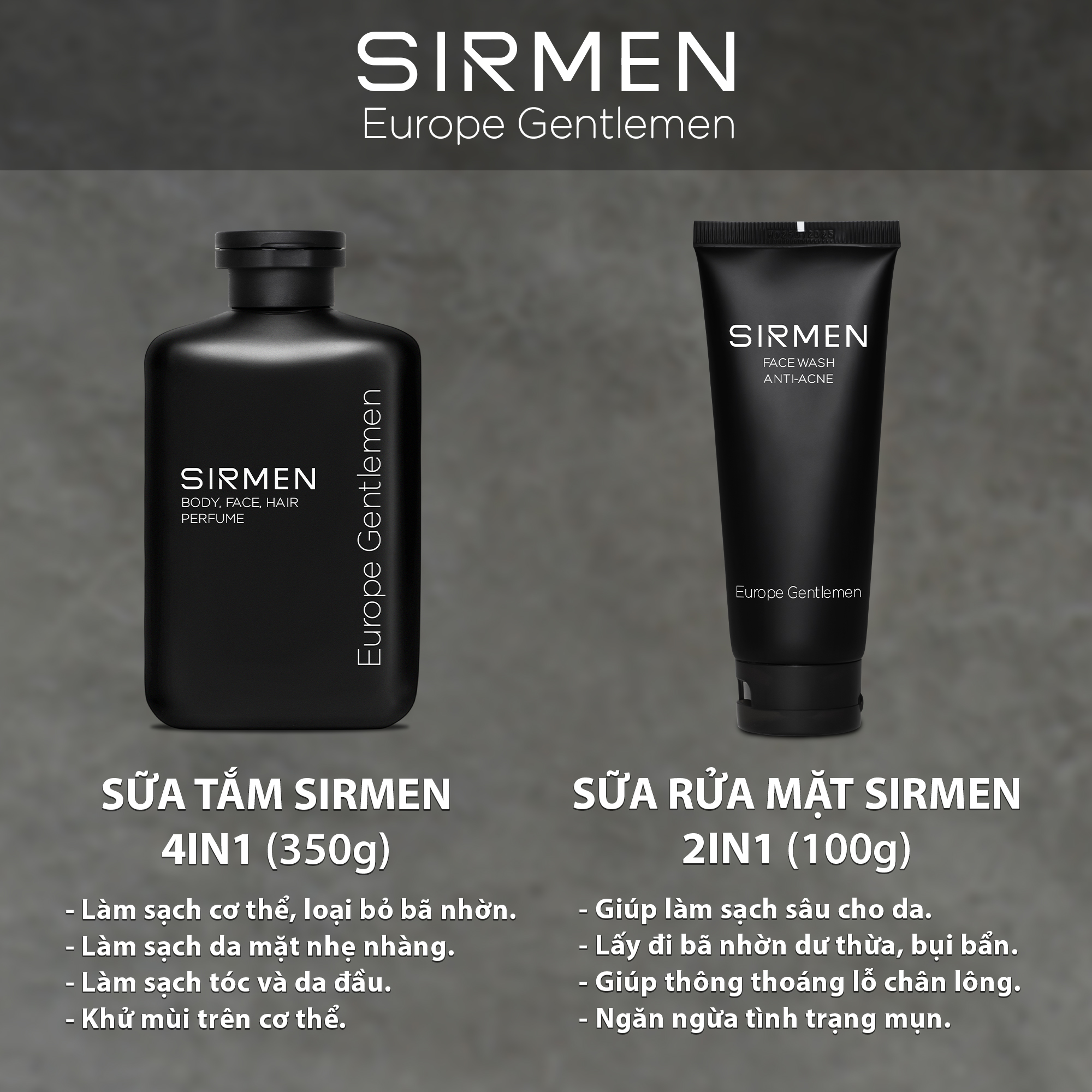 Sữa tắm 350g & Sữa rửa mặt 100g hương nước hoa châu Âu SIRMEN Europe Gentlemen cao cấp chiết xuất tự nhiên