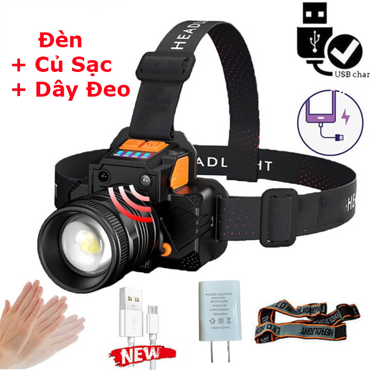 Đèn pin đội đầu siêu sáng 1 bóng chiếu xa 300m cảm biến vẫy tay, chip Led L9 Zoom xa gần, chống nước IPX6, pin trâu