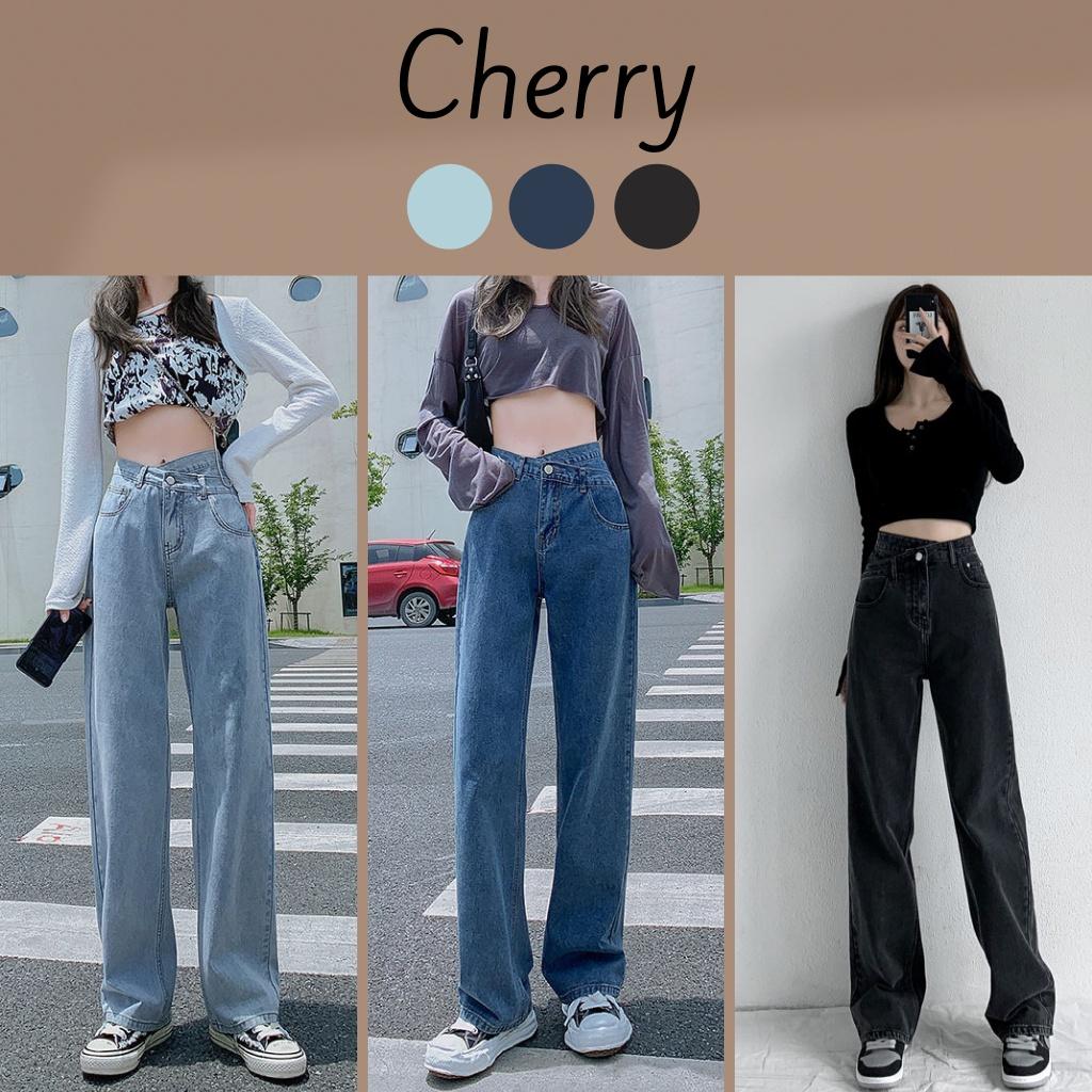 Quần jean nữ lưng cao ống rộng cạp chéo dáng suông CHERRY, quần bò nữ ống đứng ulzzang vải bò dày đẹp không giãn T018