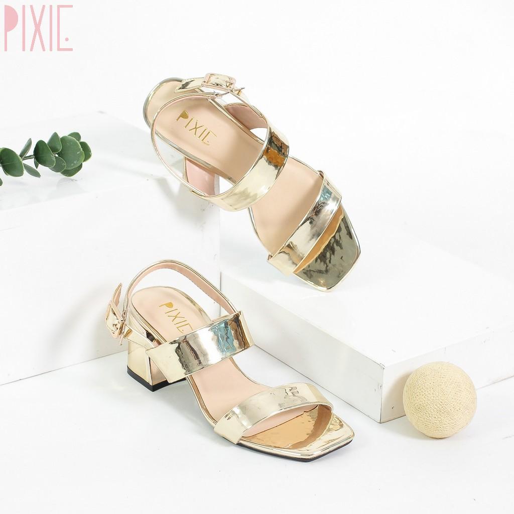 Giày Sandal Cao Gót 5cm Đế Vuông Ốp Đồng Quai Ngang Pixie X462