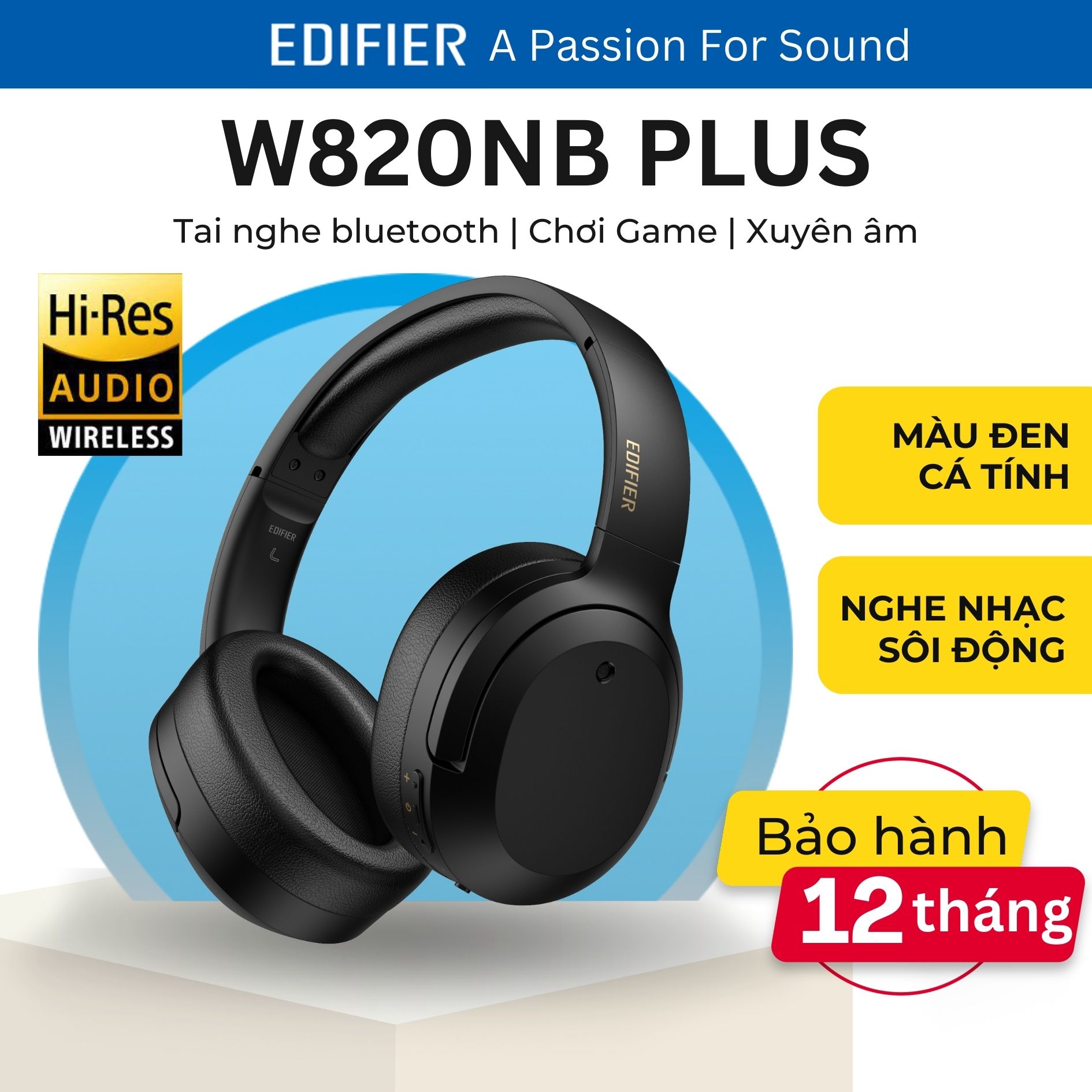 Tai nghe EDIFIER W820NB PLUS Bluetooth 5.0 | Chụp tai Chống ồn chủ động | Âm thanh chất lượng cao Hires | Chơi game - Hàng chính hãng