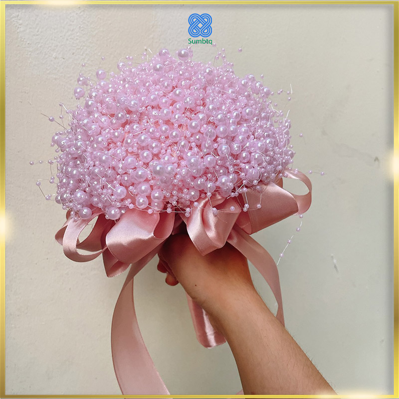 Hoa cô dâu kết cườm ruy băng hồng xinh tươi