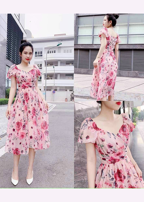 Đầm Xòe Tay Phồng Lụa Cao Cấp In Hoa Thời Trang