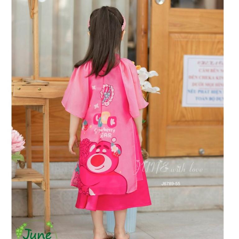 Áo dài cách tân bé gái, Set áo dài tết cho bé 1-10 tuổi hình Gấu dâu vải tơ hàng thiết kế điệu đà thời trang - hồng đỏ