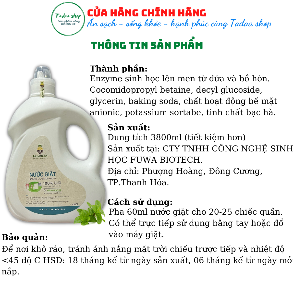 Nước giặt hữu cơ hương bạc hà chai 4060ml Fuwa3e, chuyên giặt đồ lụa, an toàn cho sức khỏe