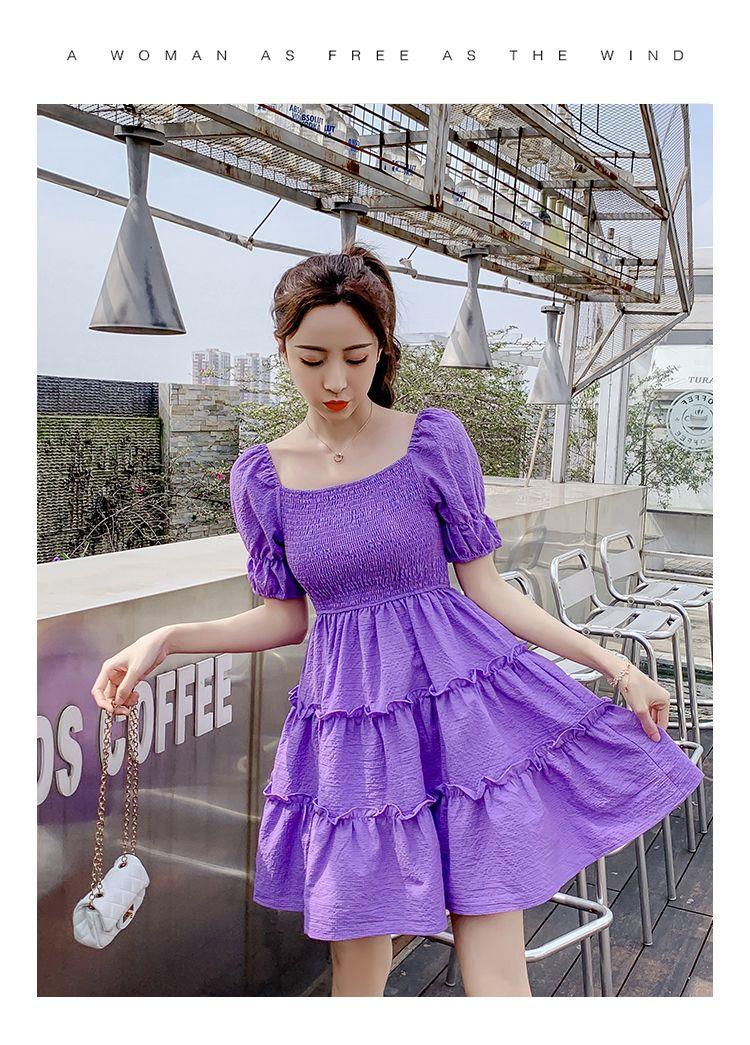 CHENGRUI Phụ nữ mùa hè 2023 Square Neck Pleated Bubble Sleeve Thu hẹp eo Khoai tây tím Vintage Pháp Orange Terrier Dress
