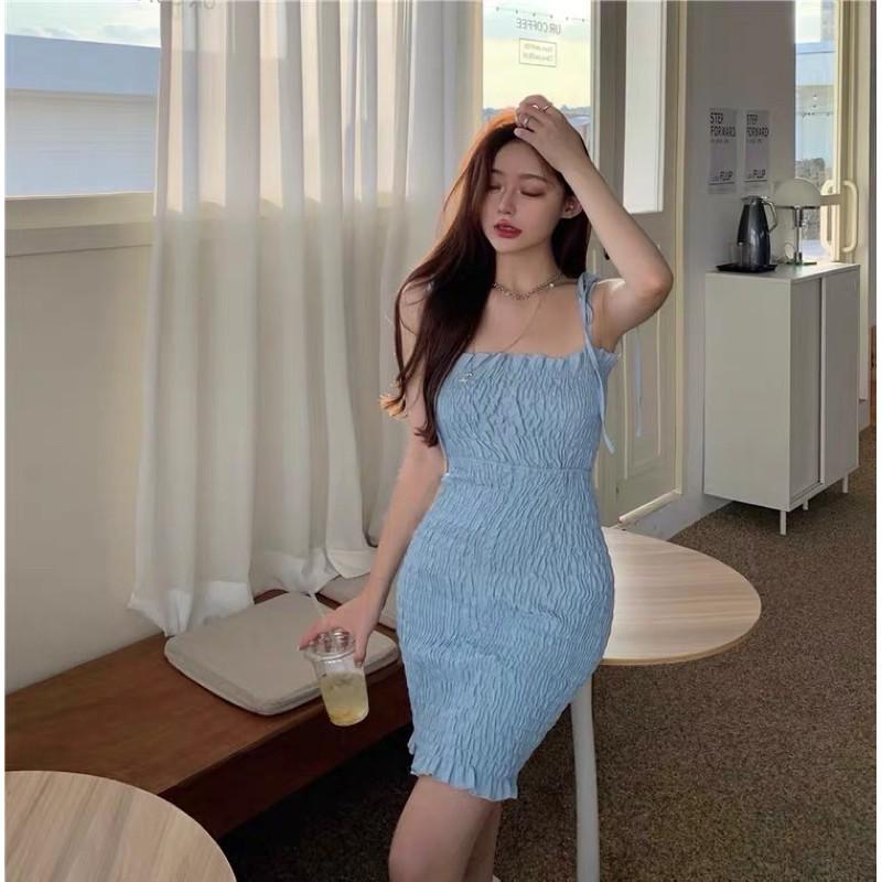 Đầm hai dây thắt nơ bèo nhún cut hở eo summer 2021