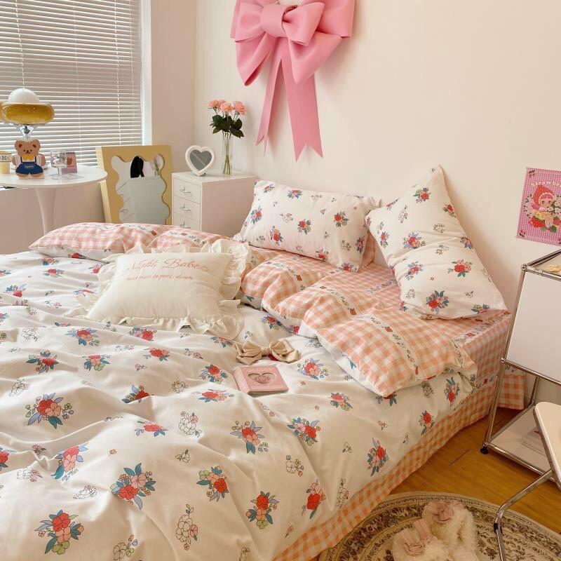 Bộ Chăn Ga Gối Cotton living Cotton 100% Hàng Nhập Khẩu Cao Cấp 4 Món Hoa Nhí Vintage