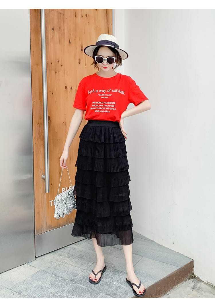 SHUANGYAN 2020 mùa hè váy lụa voan váy nửa người váy xếp li cao eo hiển thị mỏng trung bình dài váy bánh nhiều lớp