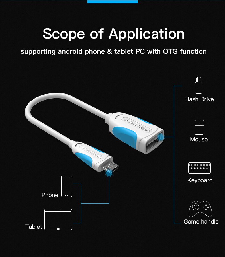 Cáp USB OTG Vention dài 25cm kết nối điện thoại, máy tính bảng với các thiết bị như chuột, bàn phím, USB... - Hàng chính hãng