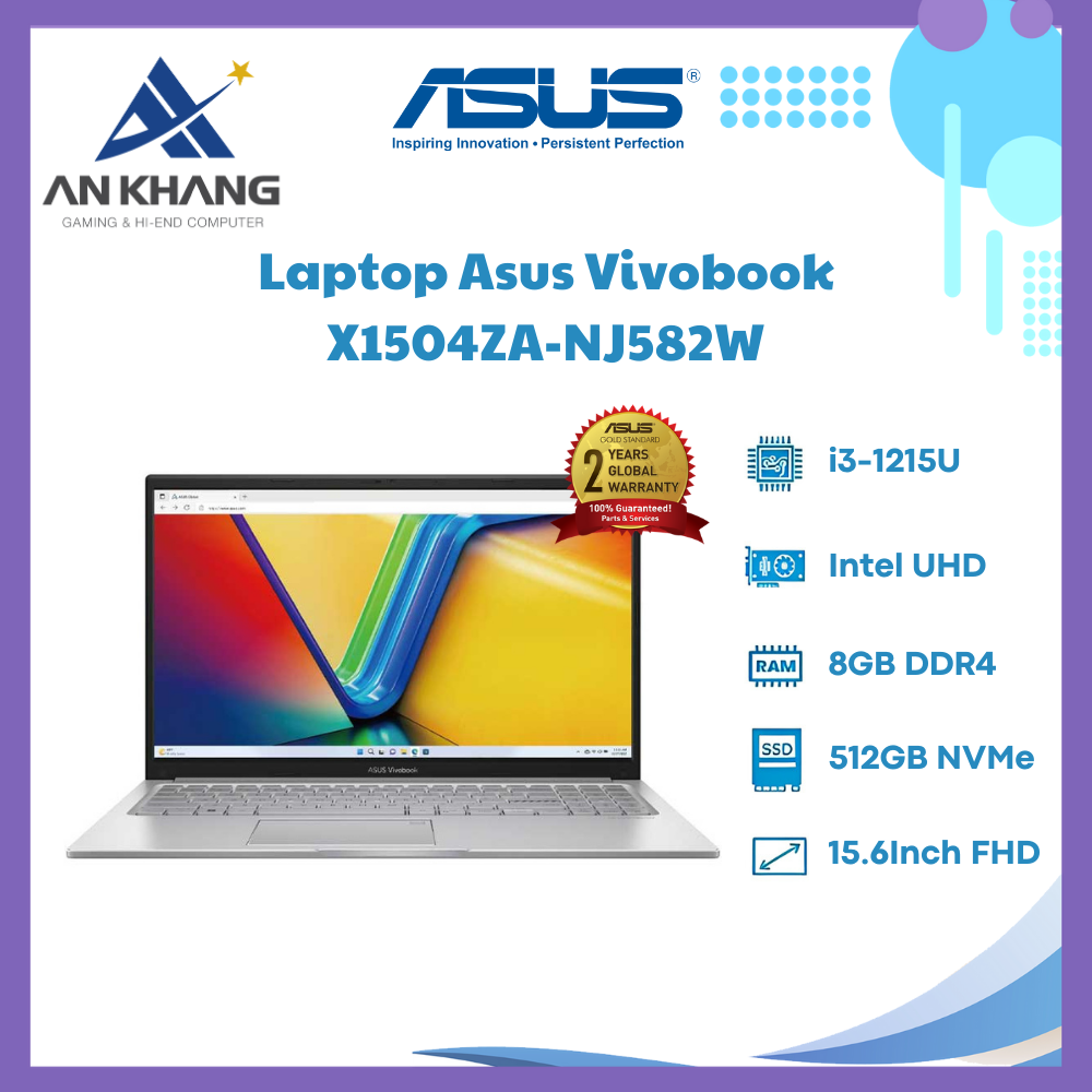 Laptop Asus Vivobook 15 X1504ZA-NJ582W (Intel Core i3-1215U | 8GB | 512GB | Intel UHD | 15.6 inch FHD | Win 11 | Bạc) - Hàng Chính Hãng - Bảo Hành 24 Tháng