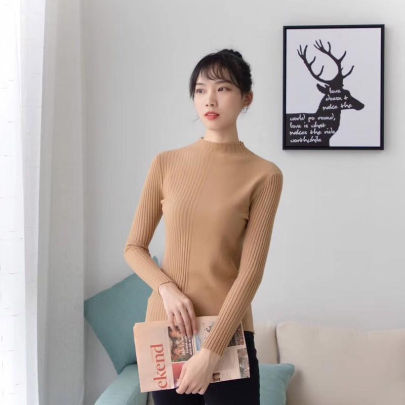 Áo sweater dệt kim dài tay cổ tròn màu trơn cho nữ