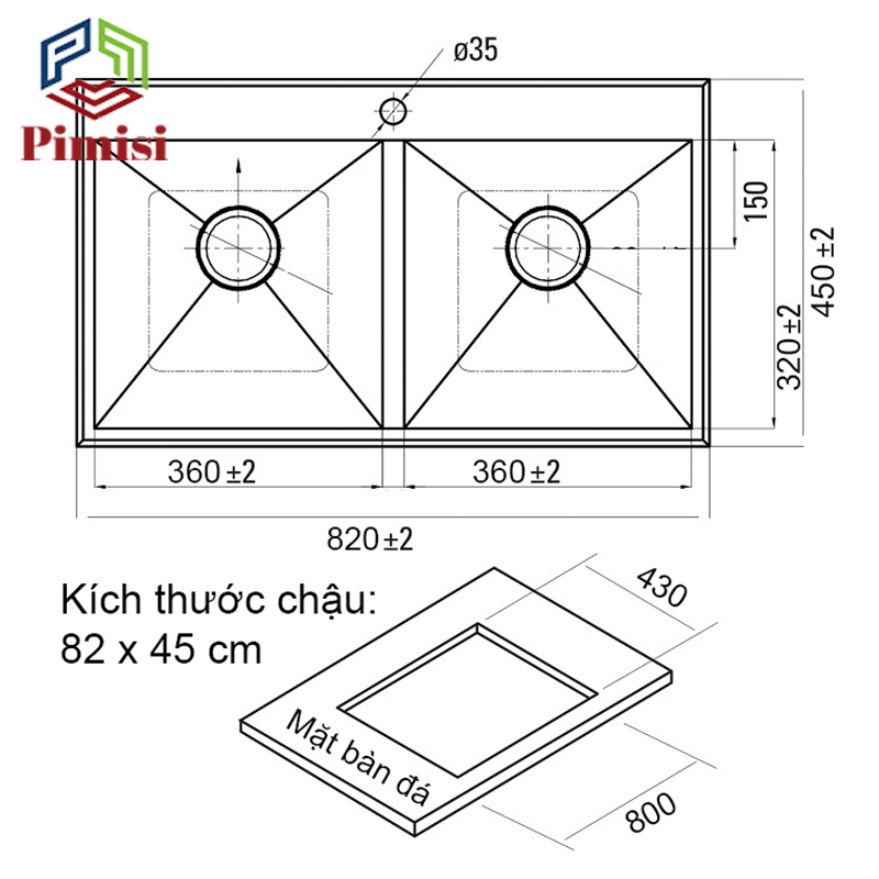 Chậu rửa bát chén inox 304 Pimisi đúc 2 hố cân kiểu 2 tầng giật cấp, kích thước bồn rửa bậc thang 78x43 và 82 x 45 cm thép không gỉ sus 304 cao cấp đầy đủ xi phông loại to và kèm rổ đựng, gắn bàn đá hoặc để kệ giá dàn bếp | Hàng chính hãng