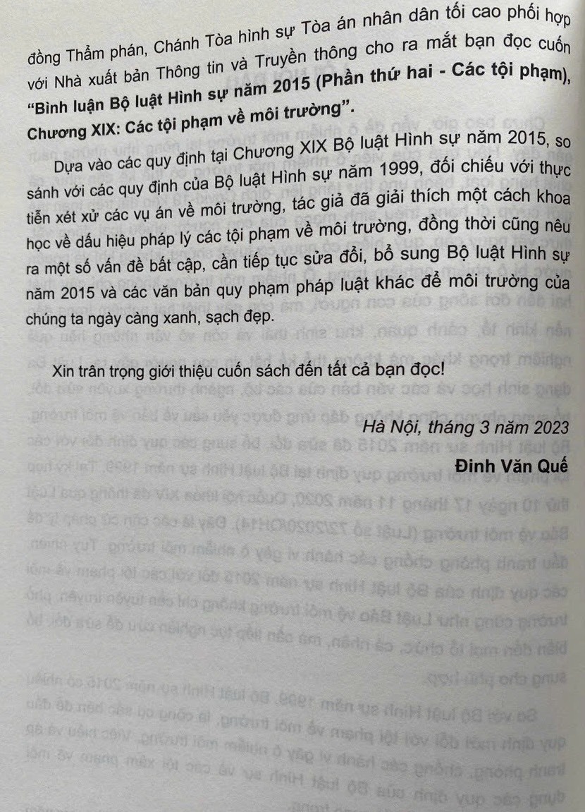 Bình luận Bộ luật hình sự năm 2015- Phần thứ hai Các tội phạm (Chương XIX- Các tội phạm về môi trường)